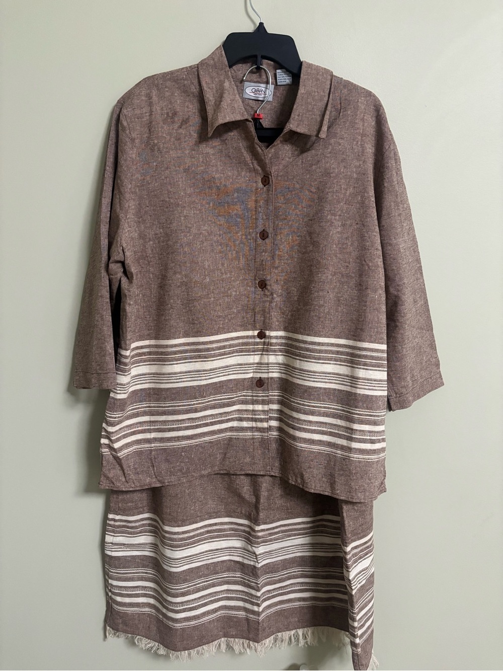 Caran New York 2 Piece Brown Beige Linen Cotton Skirt Suit Size 1X Career Resort